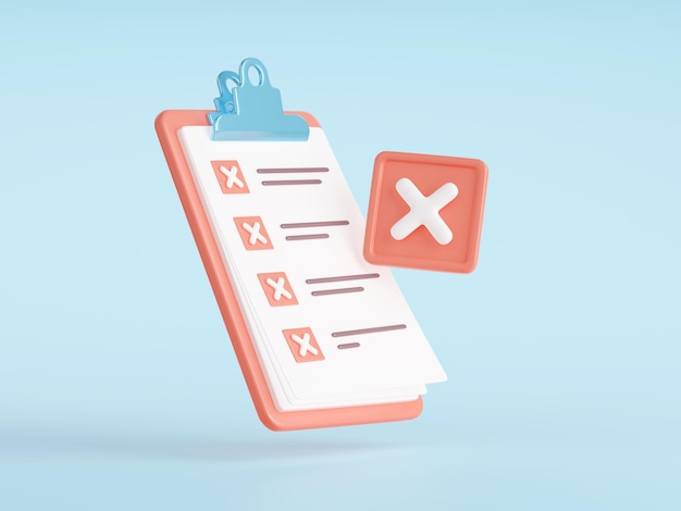 Portapapeles 3d de lista de verificación denegada con marcas cruzadas