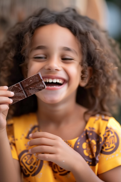 Foto gratuita portrait of happy child eating delicious chocolate