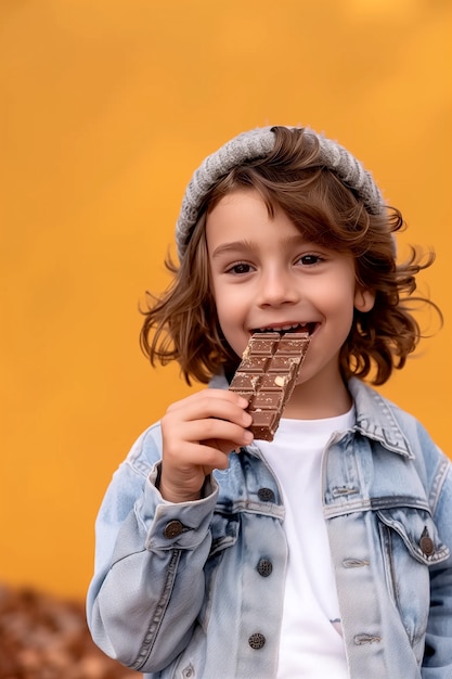 Foto gratuita portrait of happy child eating delicious chocolate