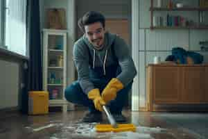 Foto gratuita portrait of man doing household chores and participating in the cleaning of the home