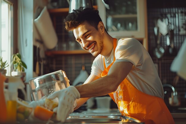 Foto gratuita portrait of man doing household chores and participating in the cleaning of the home