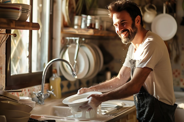 Foto gratuita portrait of modern man cleaning and doing household chores