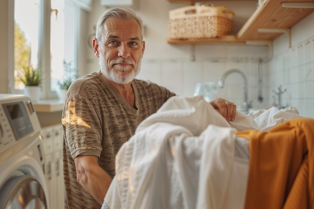 Foto gratuita portrait of modern man performing housework in a gentle and dreamy atmosphere