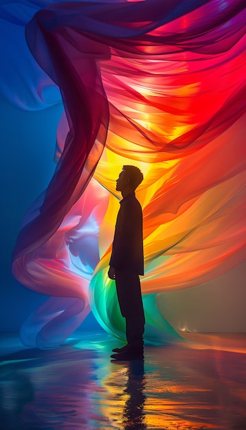 Foto gratuita portrait of people with colorful rainbow from their thoughts and brain on blue background