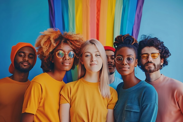 Foto gratuita portrait of people with colorful rainbow from their thoughts and brain on blue background