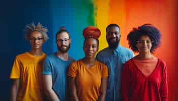 Foto gratuita portrait of people with colorful rainbow from their thoughts and brain on blue background