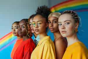 Foto gratuita portrait of people with colorful rainbow from their thoughts and brain on blue background