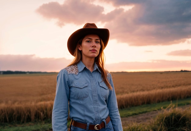 Foto gratuita portrait of photorealistic female cowboy at sunset