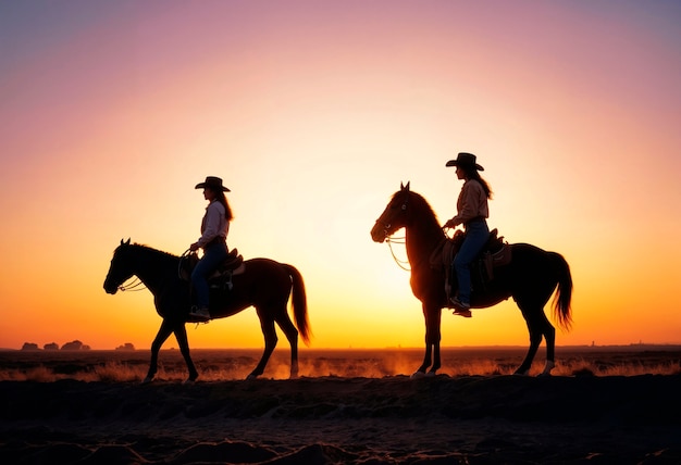 Foto gratuita portrait of photorealistic female cowboy at sunset