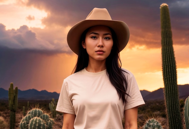 Foto gratuita portrait of photorealistic female cowboy at sunset