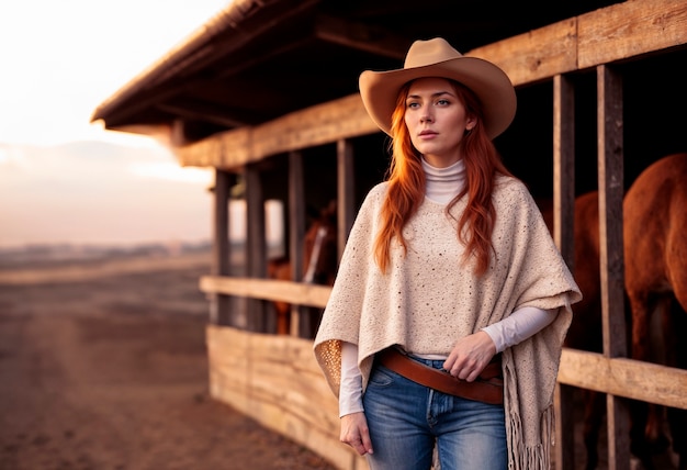 Foto gratuita portrait of photorealistic female cowboy at sunset