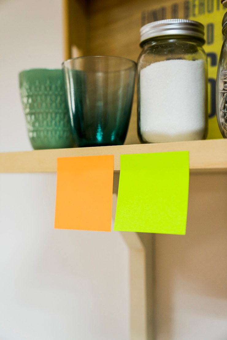 Foto gratuito post its pegados en cocina