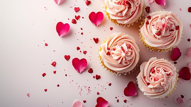 Postal del día de San Valentín con cupcakes sobre un fondo blanco aislado