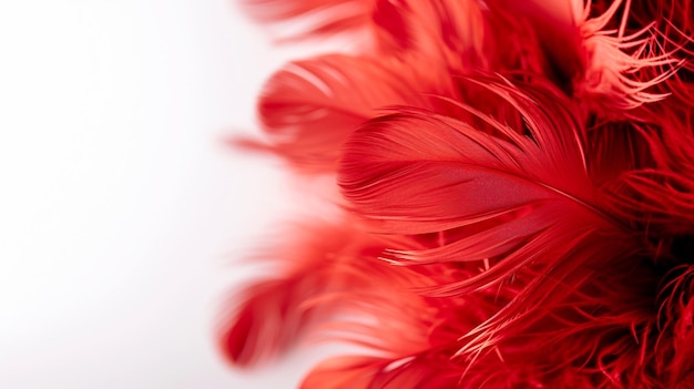 Postal del día de San Valentín con esponjosas plumas rojas sobre fondo blanco.