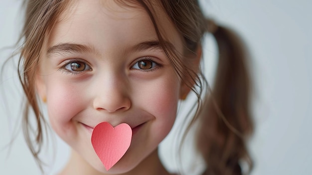 Foto gratuita postal del día de san valentín con una linda chica sonriendo con un pequeño corazón de papel sobre fondo blanco