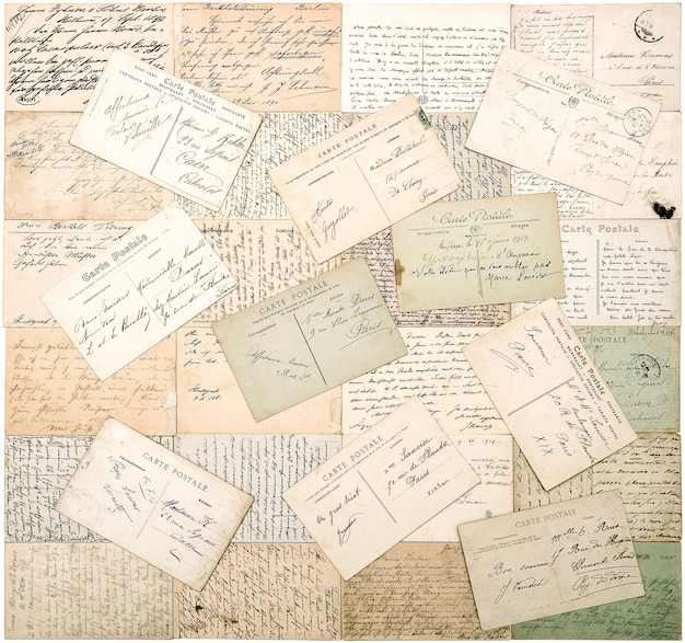 Postales antiguas. textos escritos a mano antiguos indefinidos de ca. 1900. fondo de papeles de estilo retro grunge