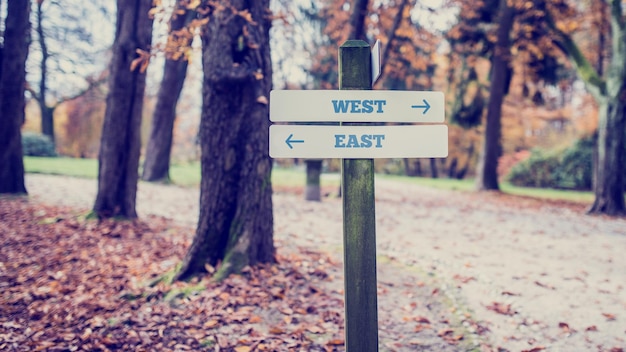 Poste indicador de madera vintage en el parque tranquilo para el concepto de direcciones oeste y este.