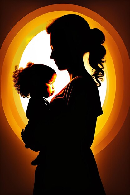 Un póster de una mujer sosteniendo a un bebé frente a una luna amarilla.