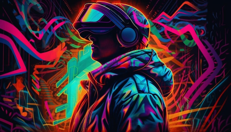 Foto gratuito un póster de la película vr en colores neón.