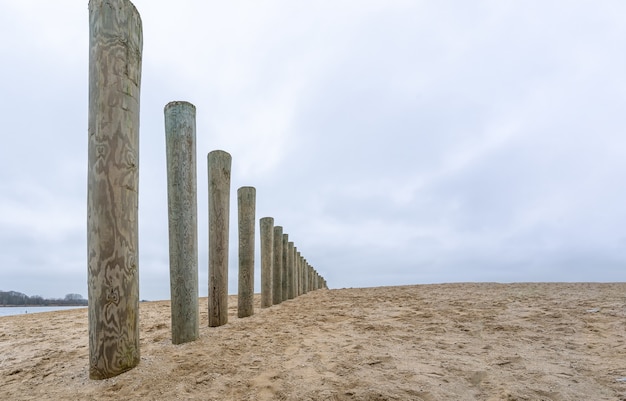 Postes de madera del rompeolas en una playa bajo un cielo nublado durante el día