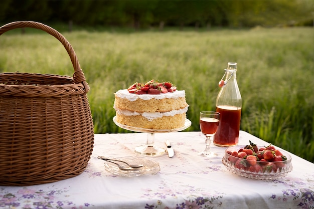 Postre y bebida en la mesa al aire libre