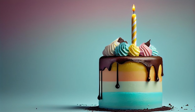 Postre bizcocho de chocolate con vela para celebración de cumpleaños IA generativa