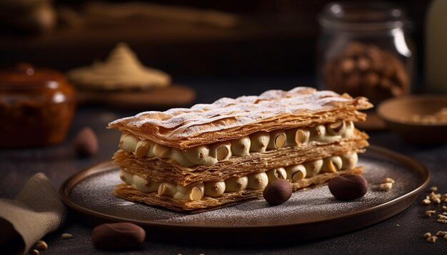 Foto gratuita postre en capas con chocolate y rodaja de fruta generado por ia