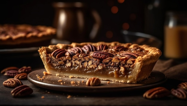 Postre de chocolate casero indulgente en una mesa de madera rústica generada por IA