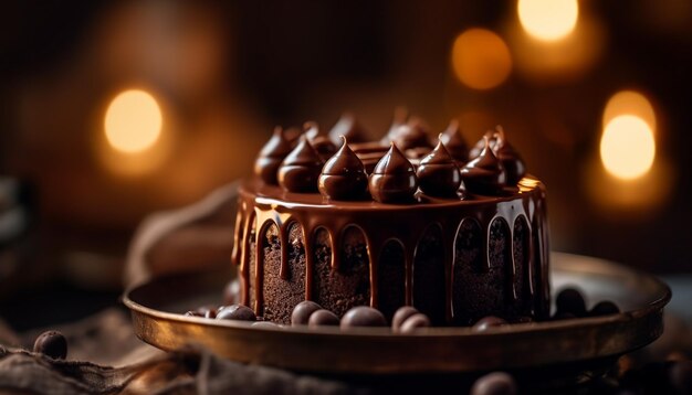 Postre de chocolate indulgente con llama de vela encendida generada por IA