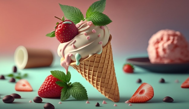 Postre gourmet de verano Sundae de helado de fresa fresca IA generativa