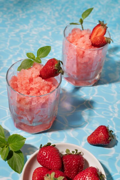 Postre de granizado de alto ángulo con fresas.