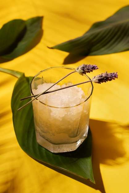 Postre de granizado sabroso de alto ángulo con plantas