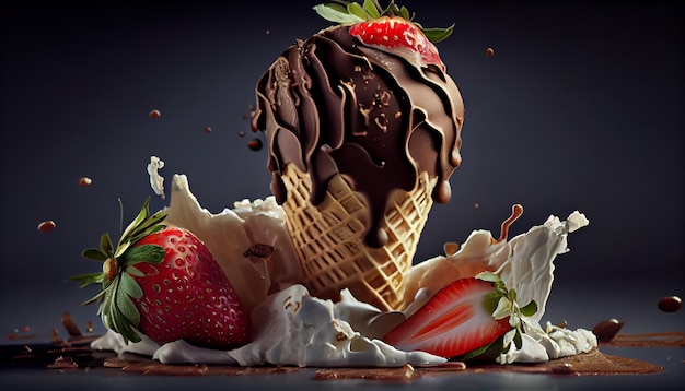 Postre helado con salsa de fresa y chocolate IA generativa