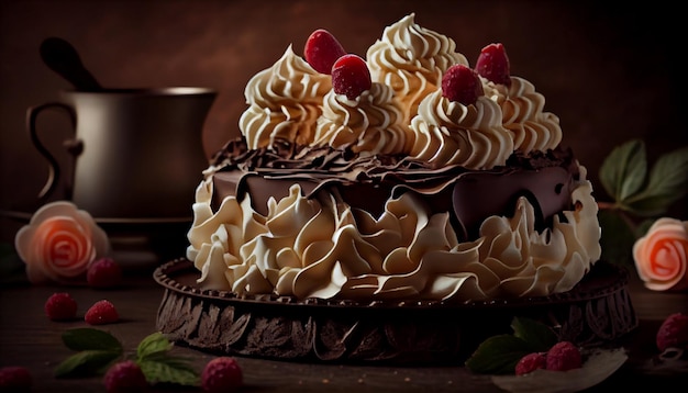 Postre indulgencia pastel de queso con frambuesa y chocolate con nata montada AI generativa