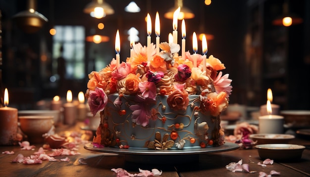 Foto gratuita postre indulgente mesa a la luz de las velas celebración del amor y la felicidad generada por la inteligencia artificial