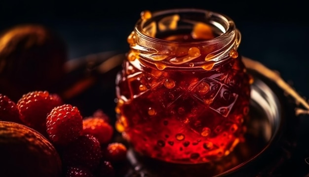 Postre de miel de frambuesa en un tazón de vidrio rústico generado por IA