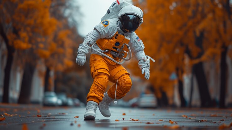 Photo Gratis potret astronot dalam pakaian luar angkasa melakukan aktivitas manusia biasa