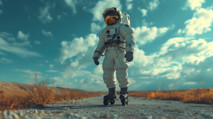 Photo Gratis potret astronot dalam pakaian luar angkasa melakukan aktivitas manusia biasa