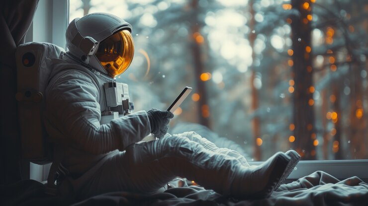 Photo Gratis potret astronot dalam pakaian luar angkasa melakukan aktivitas umum di luar ruangan