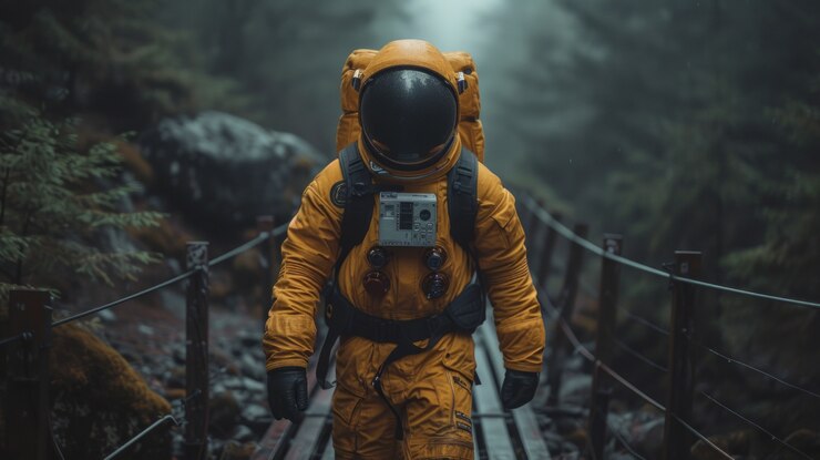 Photo Gratis potret astronot dalam pakaian luar angkasa melakukan aktivitas umum di luar ruangan