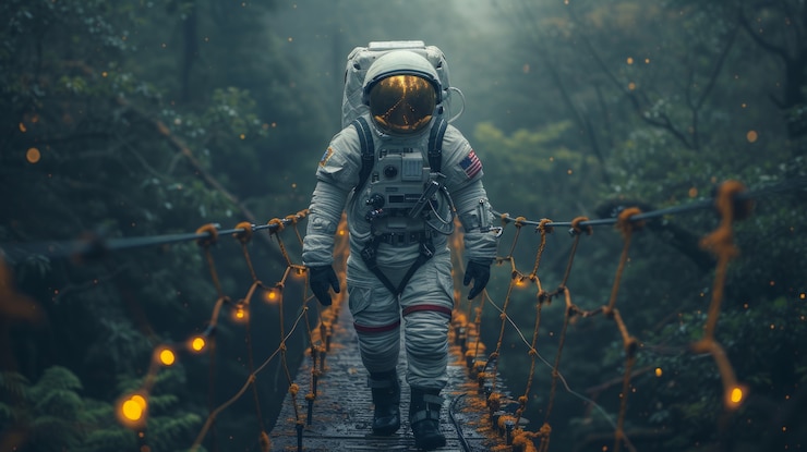 Photo Gratis potret astronot dalam pakaian luar angkasa melakukan aktivitas umum di luar ruangan