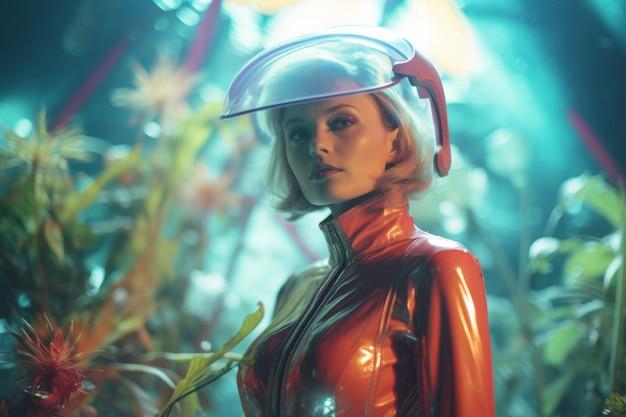 Potret wanita dengan setelan superhero futuristik yang keren