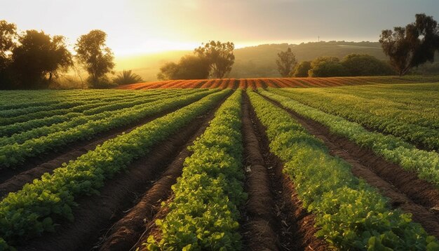 El prado orgánico florece en un vibrante atardecer de verano generado por IA