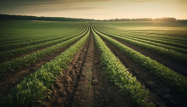 Prado verde serpentea hacia el horizonte del campo de trigo generado por IA