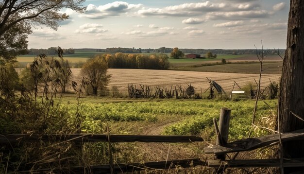 Prado verde Valla rústica Puestas de sol tranquilas Belleza idílica generada por IA