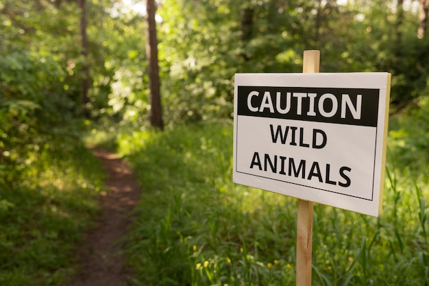 Precaución animales salvajes firman en el bosque