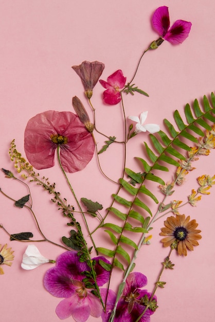 Foto gratuita prensa de flores plana con fondo rosa