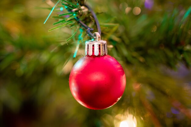Primer disparo de un adorno de bola roja en un árbol de Navidad