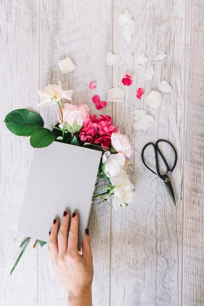 El primer de la mano que sostiene el libro con la hortensia y las flores de las rosas y scissor en tablón de madera