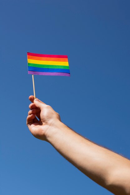 Primer mano sosteniendo la bandera del orgullo gay